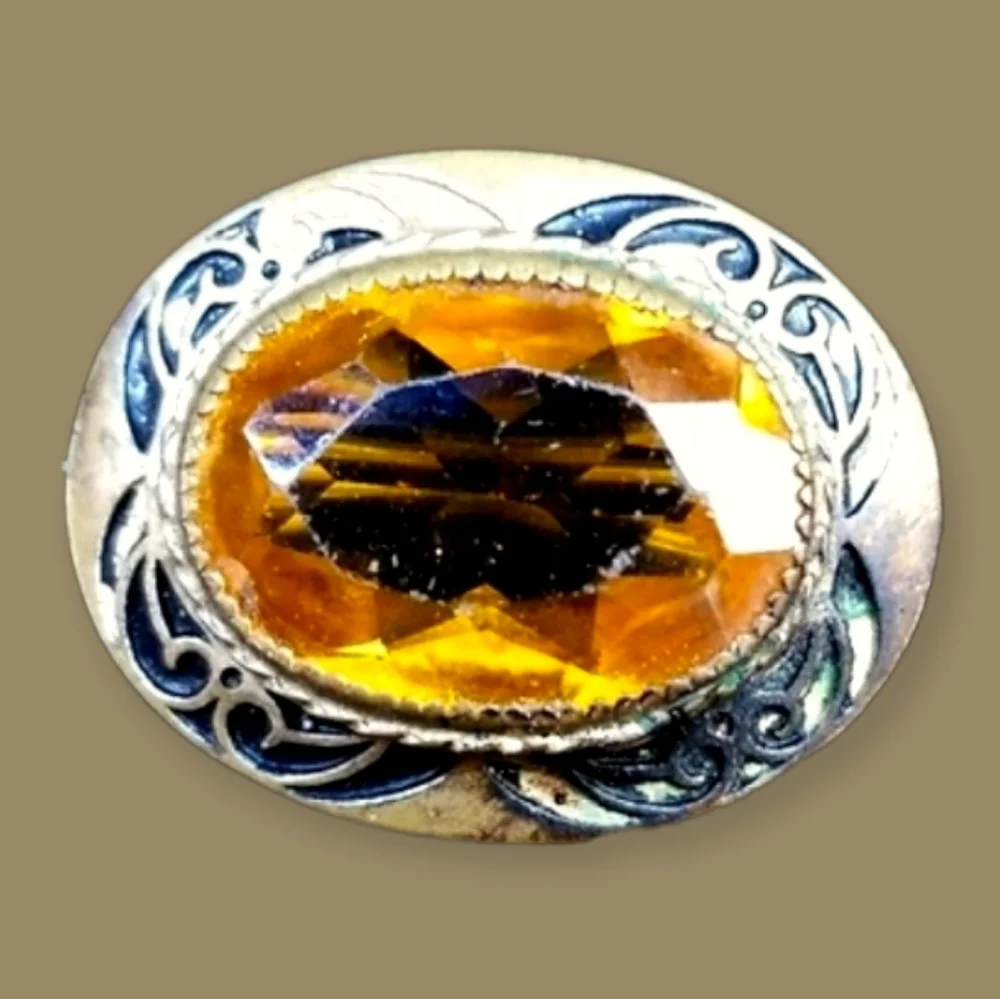 Vintage 1920s Art Deco Amber Citrine Glass Gold Tone Brooch - Picture 12 of 12